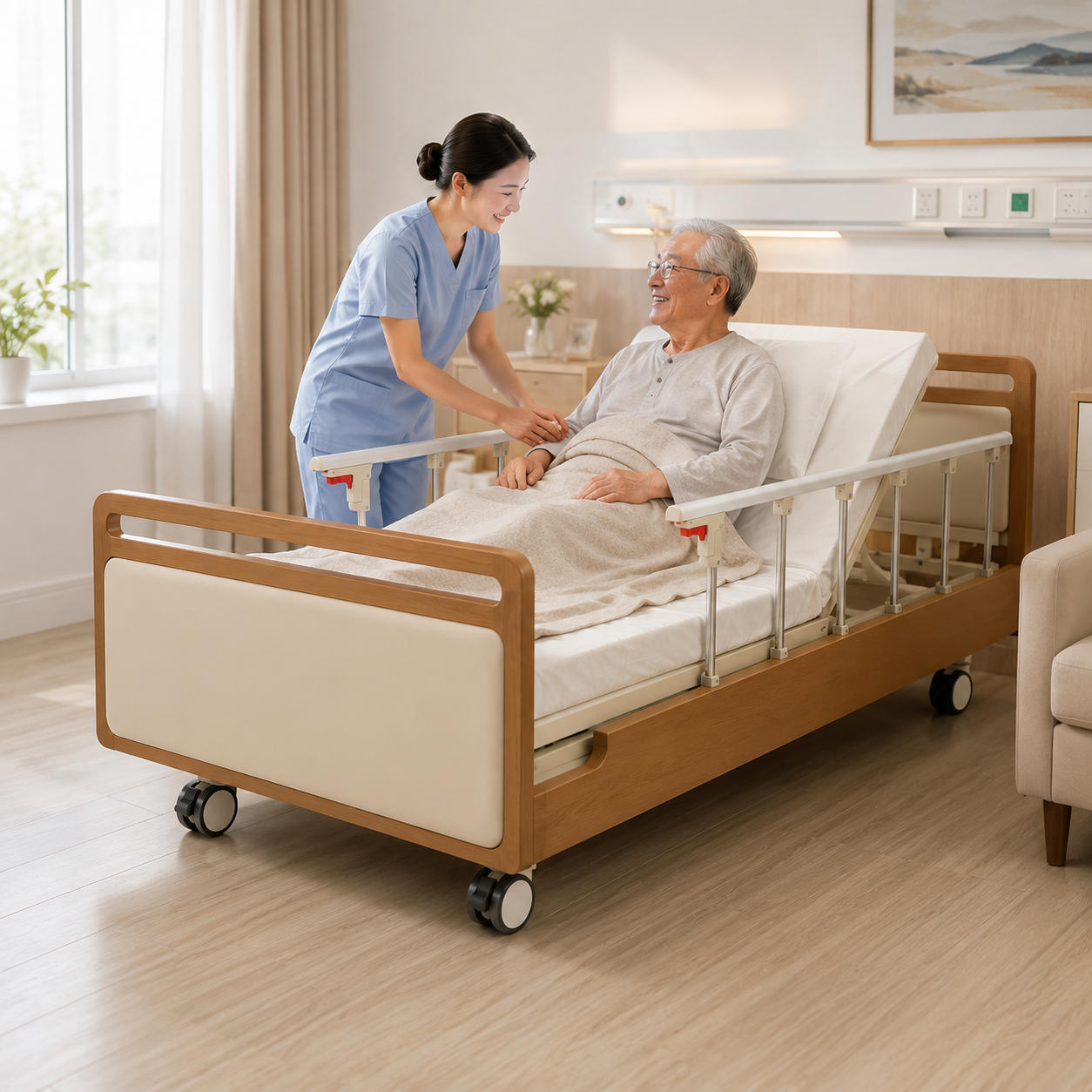 Luxury Electric Elderly Care Bed with Wooden Design | Senior Care Bed Manufacturer